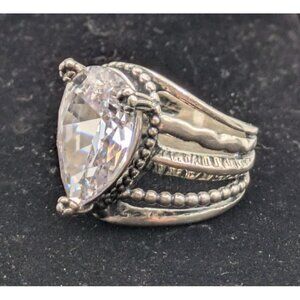 Vtg Sterling Silver Statement Ring Size 7.5 Large Pear Cut Crystal Israel AS 925